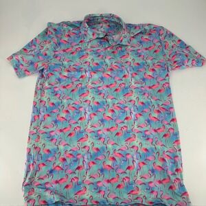 Proud 90 Golf Is Fun Mens Large Flamingo Print‎ Performance Polo Shirt Turquoise